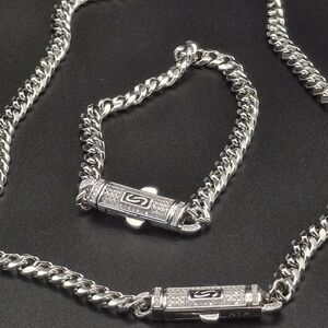 Silver Men's Cuban Chain Necklace and Bracelet Set with Pave Details